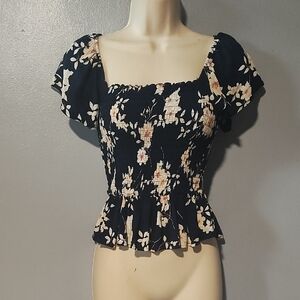 Ash & Violet Floral Navy Blue Peplum Top In A Size XS